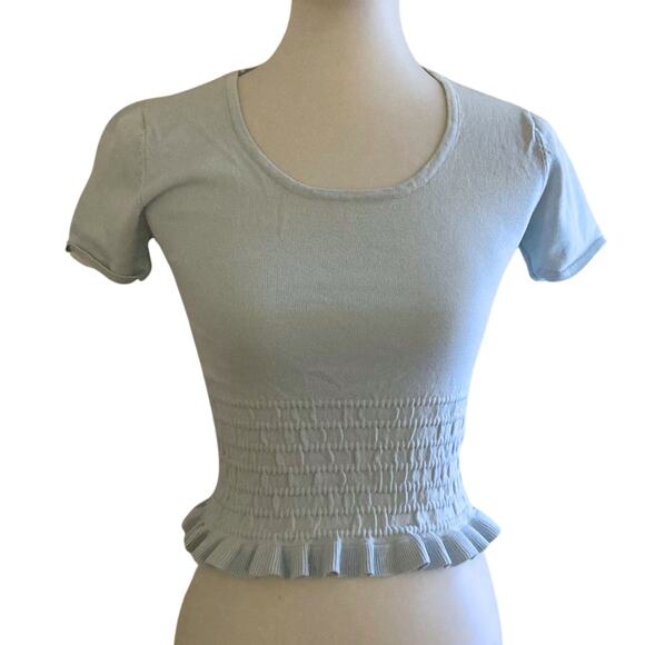 Vintage tfred Smocked Knit crop top with Lettuce Hem – Pale Blue Y2K  Top - Picture 1 of 7